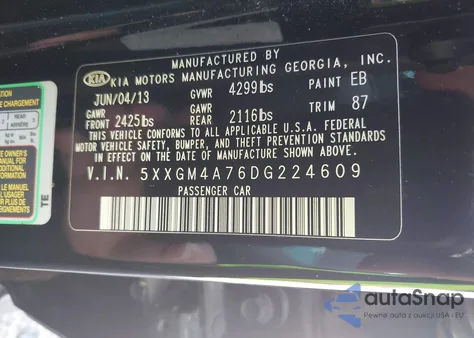 2013 Kia Optima Lx z USA, uszkodzony, nr VIN 5XXGM4A76DG224609